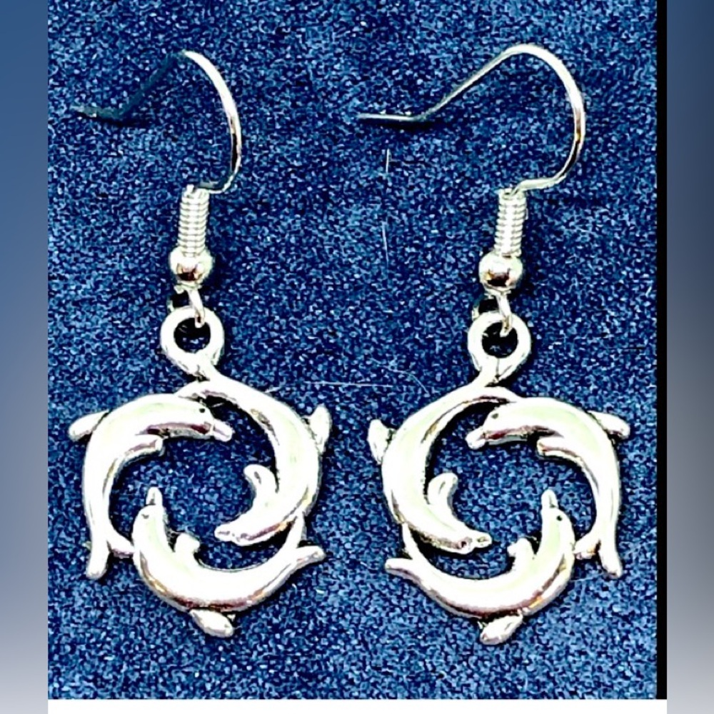 Triple 3 Dolphin Double Sided Silver Tone Hoops Hoop Earrings Beach Ocean Summer